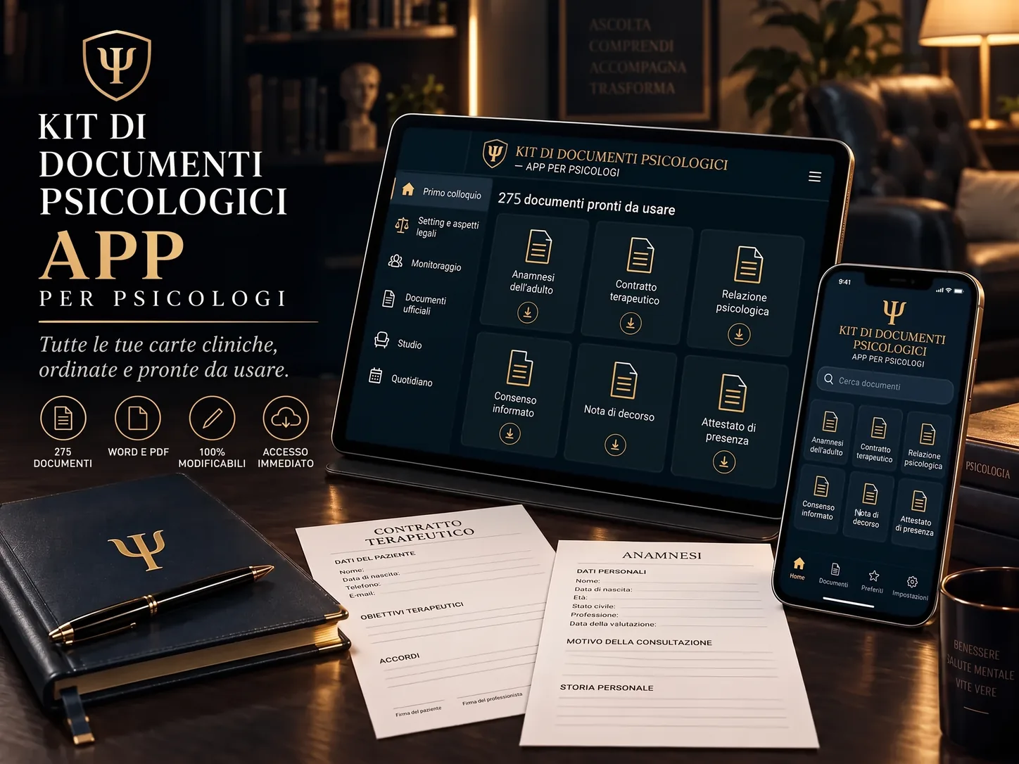 L'app del Kit di Documenti Psicologici aperta su tablet e smartphone, con tutti i documenti del kit