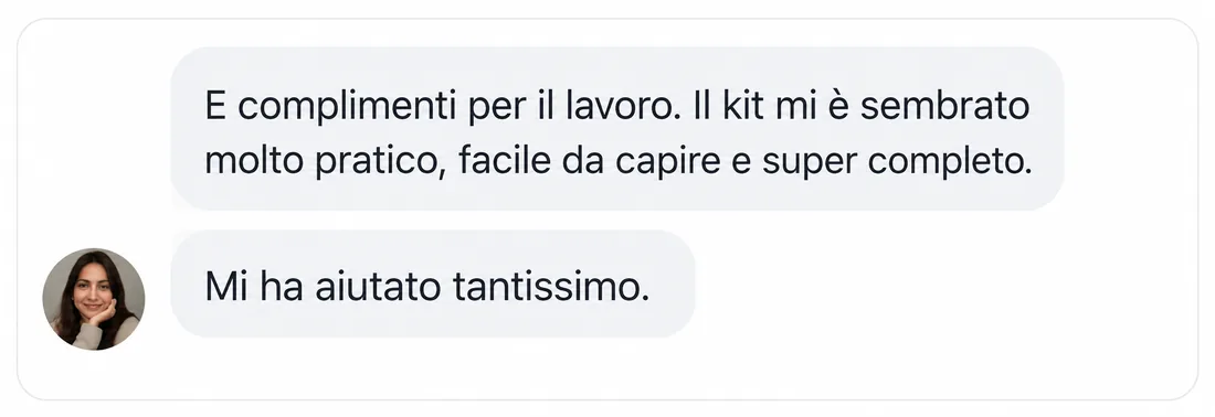 Messaggio: il kit è molto pratico, facile da capire e super completo, mi ha aiutato tantissimo